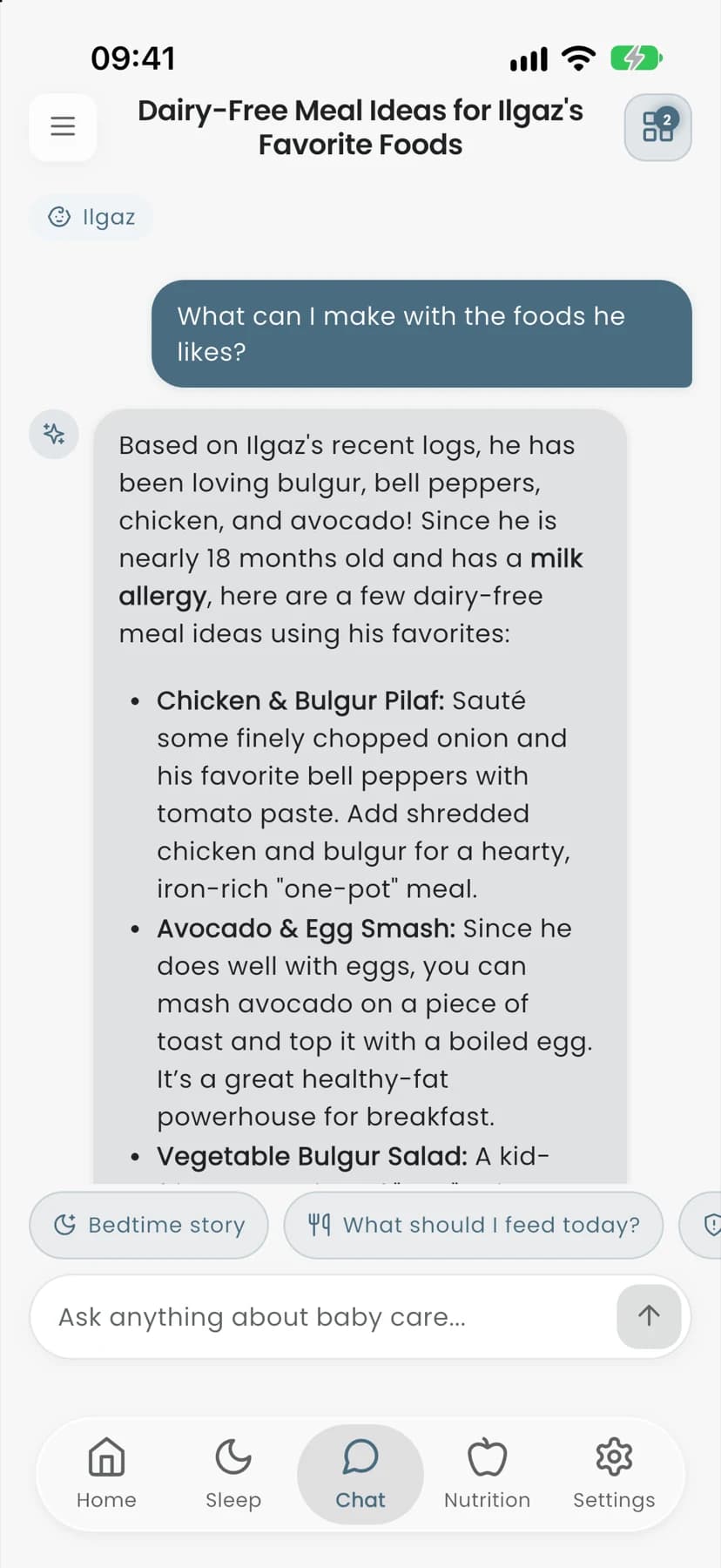 Chat screen: the assistant suggests dairy-free meals for Ilgaz, nearly 18 months old with a milk allergy