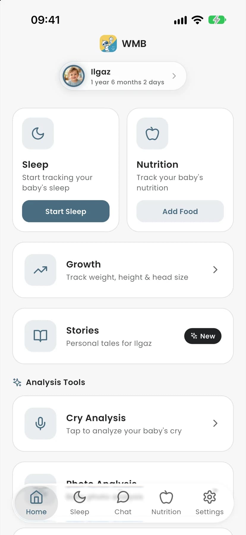 Home screen: Ilgaz's profile, sleep and nutrition shortcuts, growth and stories