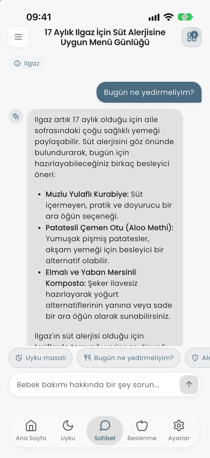Sohbet ekranı: asistan, 17 aylık Ilgaz için süt alerjisine uygun bir menü öneriyor