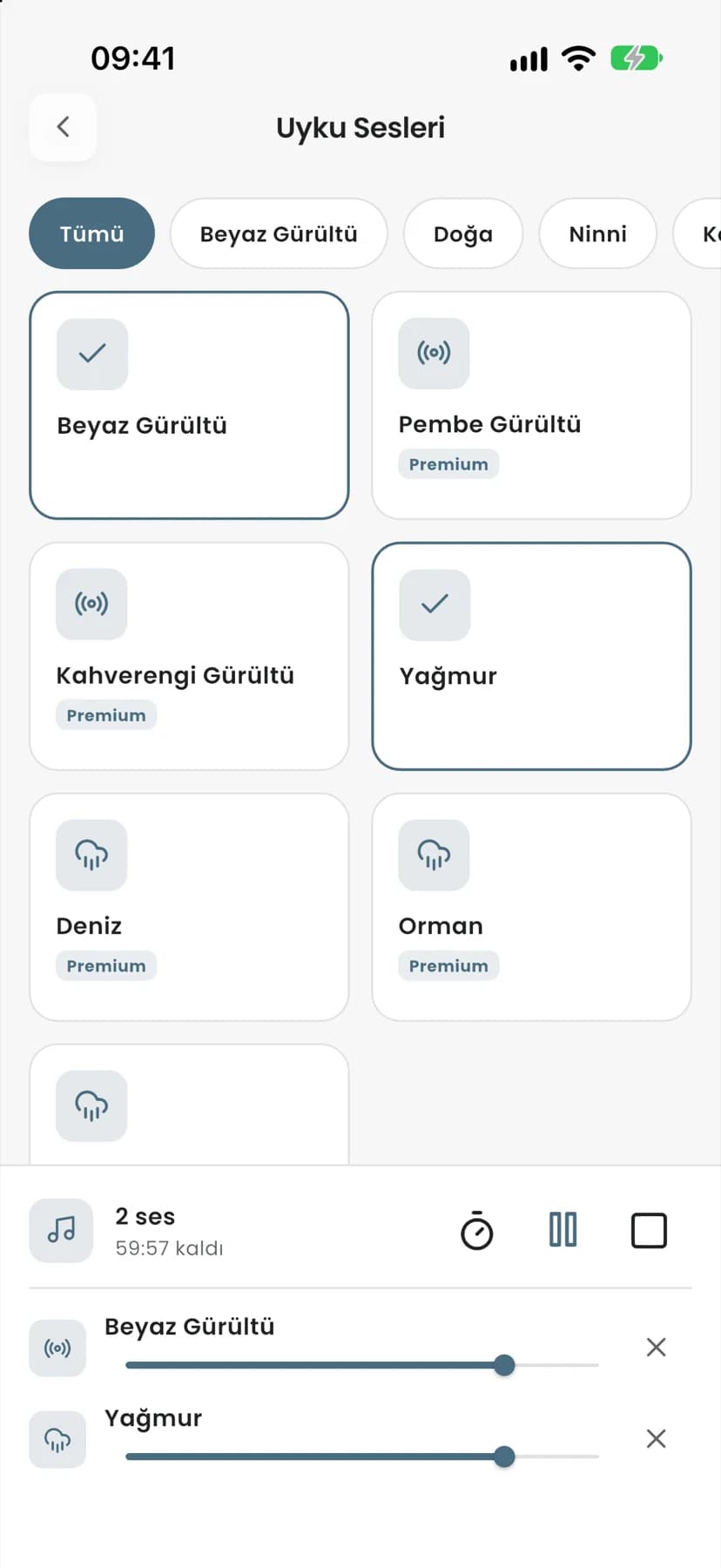 Uyku sesleri ekranı: seçilen sesler ve uyku zamanlayıcısı