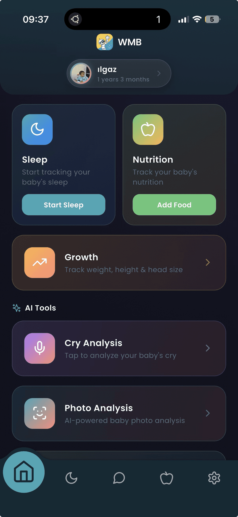 Watch My Baby app — dashboard with sleep, nutrition, cry analysis, and growth tools