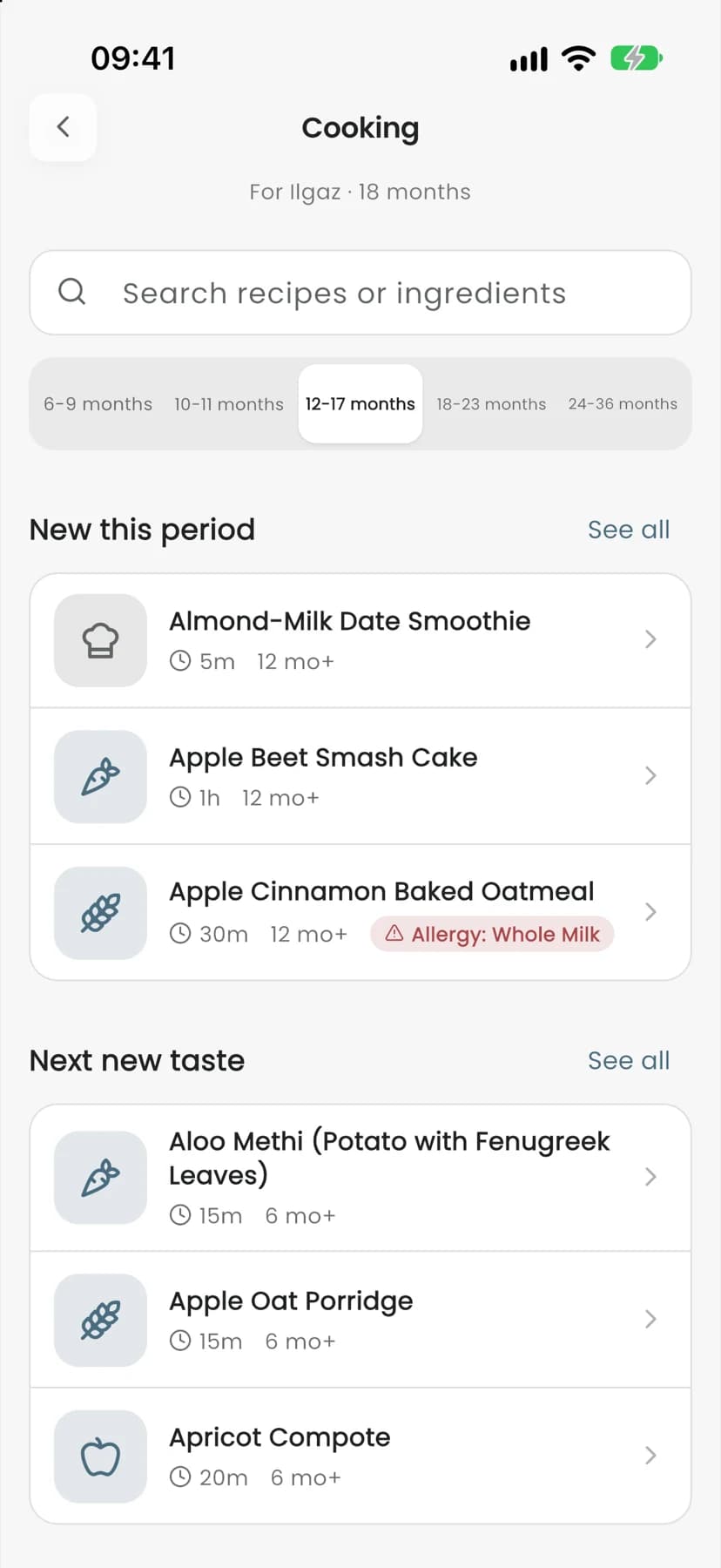 Cooking screen: recipes for Ilgaz's age with a milk allergy warning