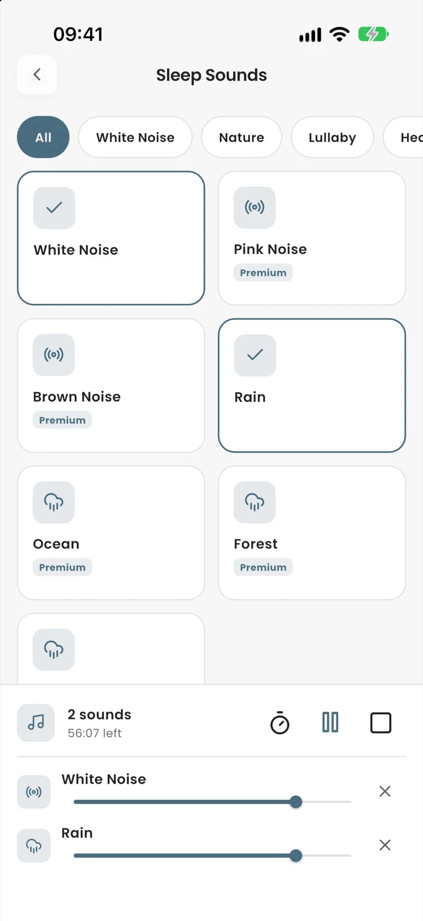 Sleep sounds screen: selected sounds and the sleep timer