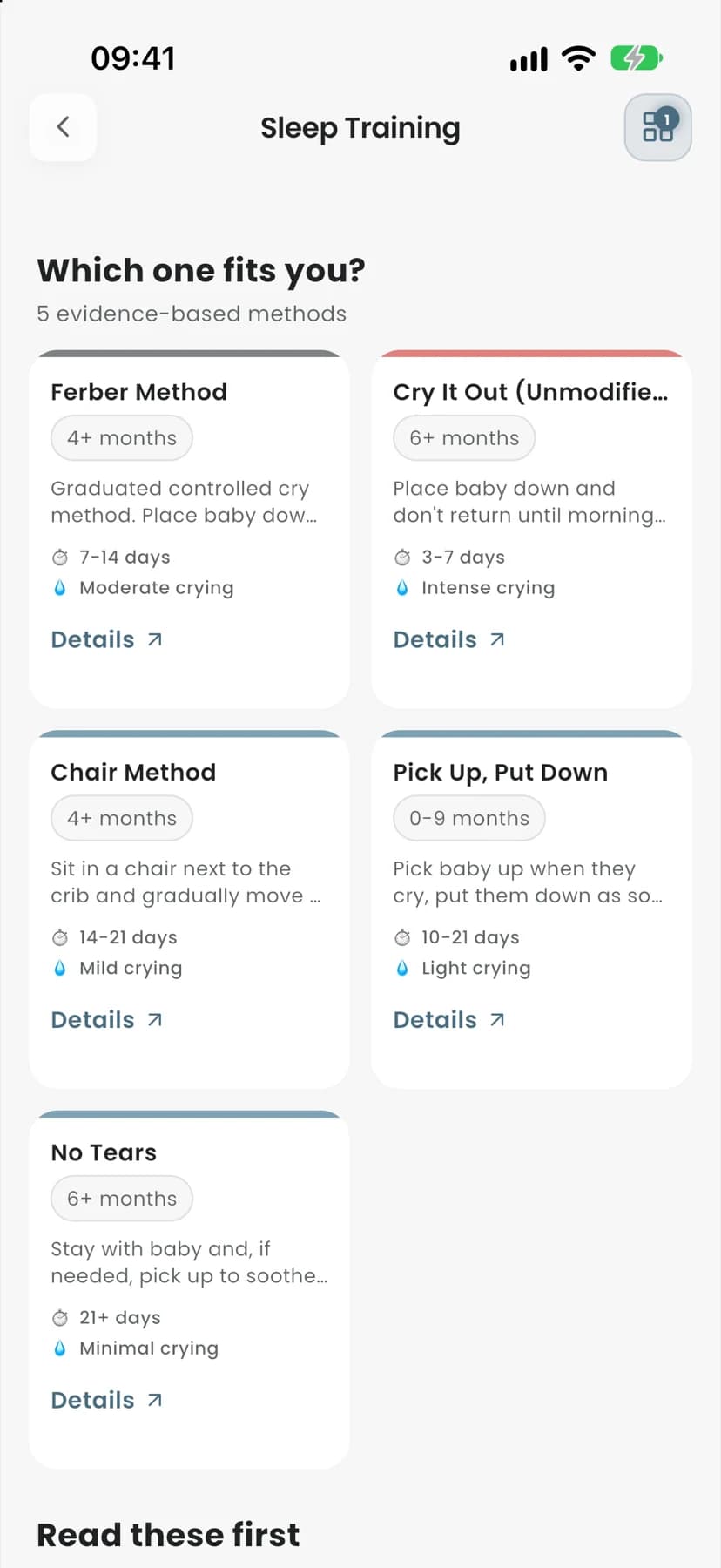Sleep training screen: methods suited to the baby, with duration and crying level