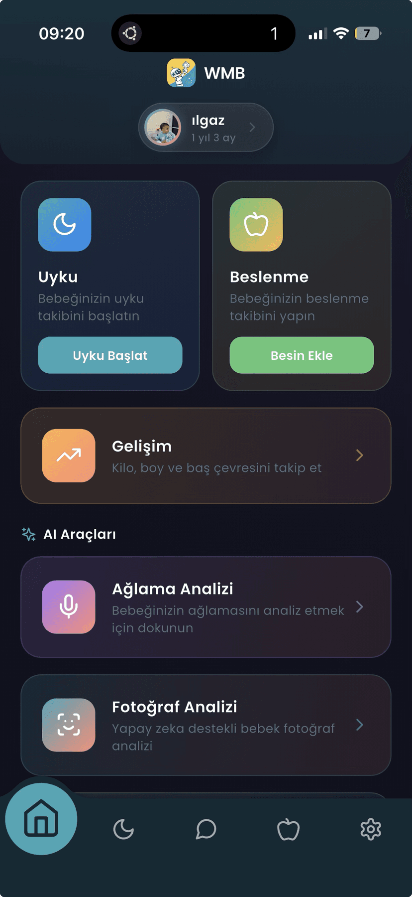Watch My Baby uygulaması — uyku, beslenme, ağlama analizi ve büyüme araçlarıyla ana ekran